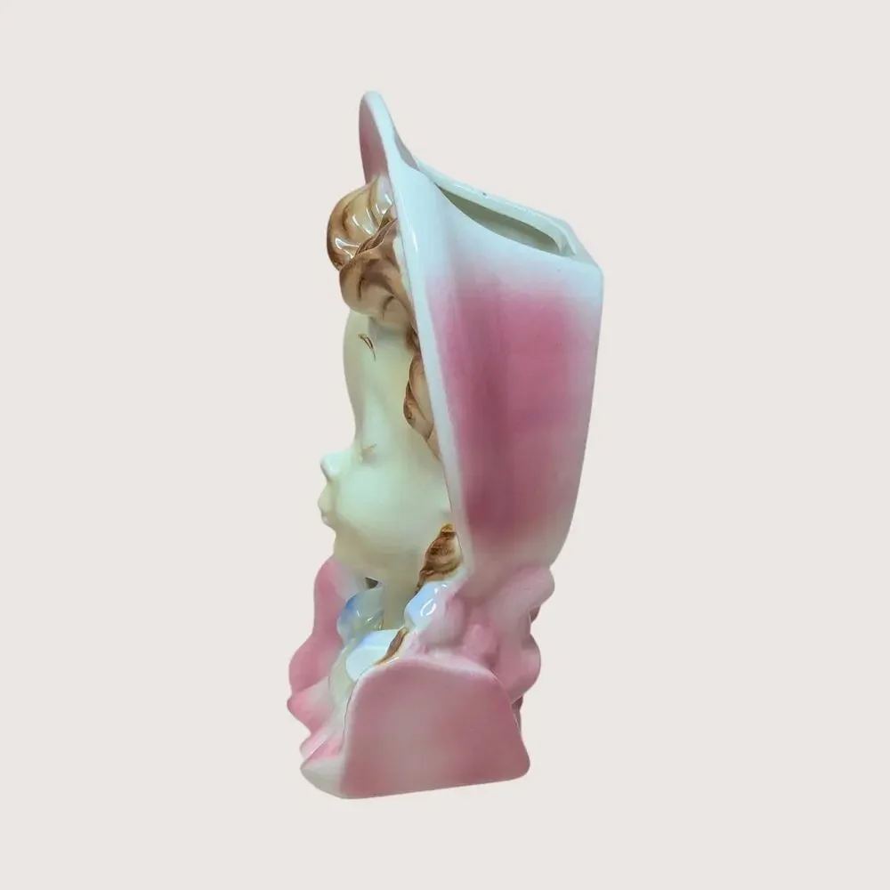 1950s Royal Copley Ceramic Lady Bonnet Wall Pocket Planter Pair